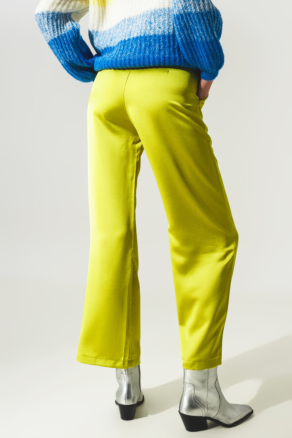 Wide leg satin pants in lime green - trousers