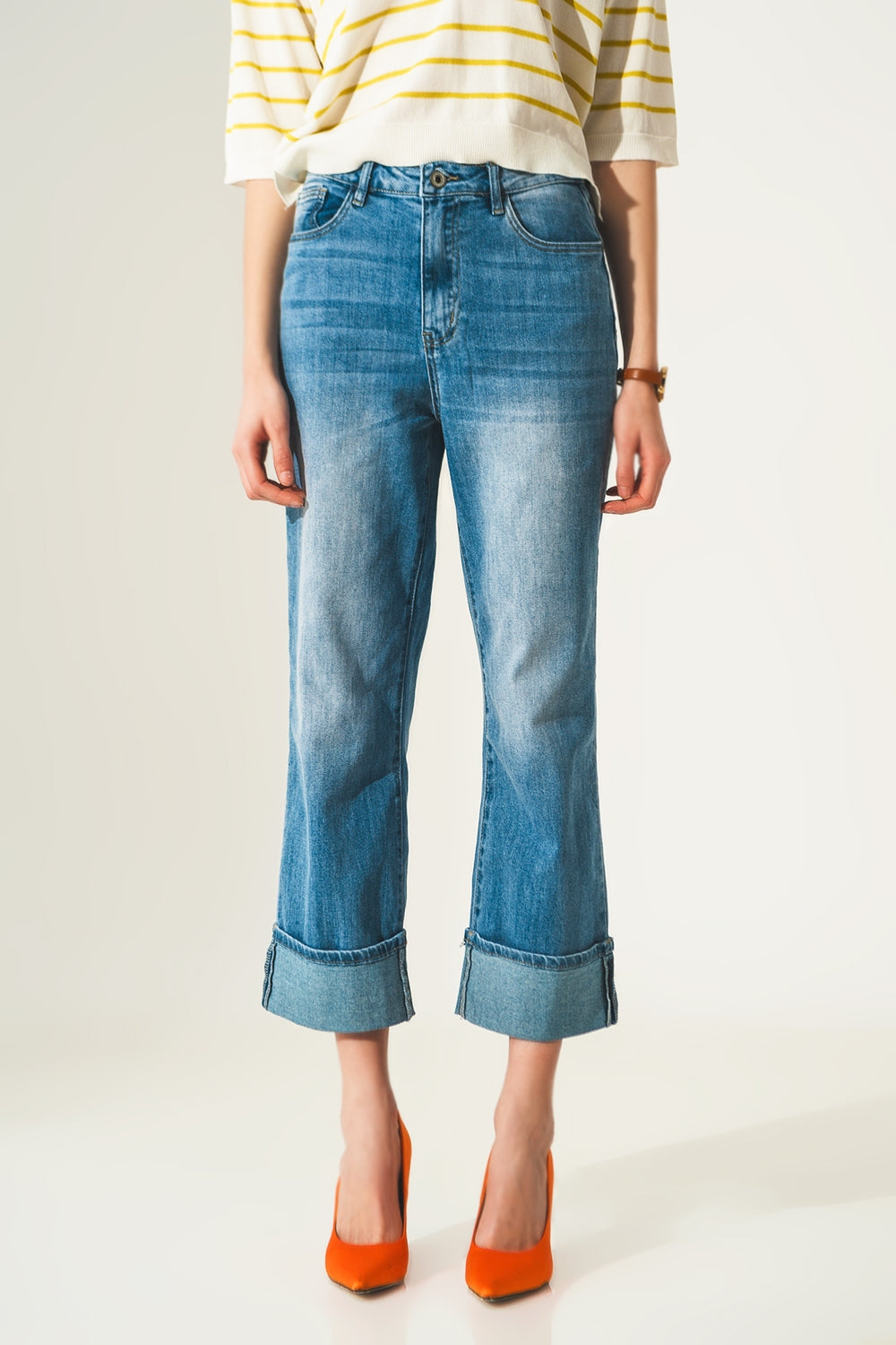 Roll hem jeans in mid blue - Denim