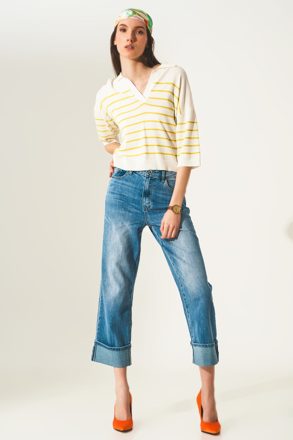 Roll hem jeans in mid blue - Denim