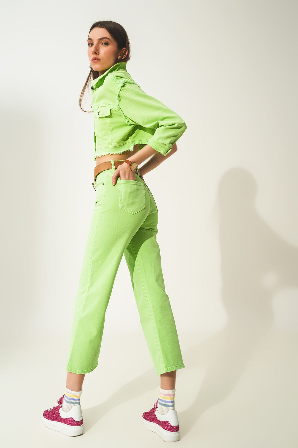 Cropped wide leg jeans in acid green - Coloured Jeans