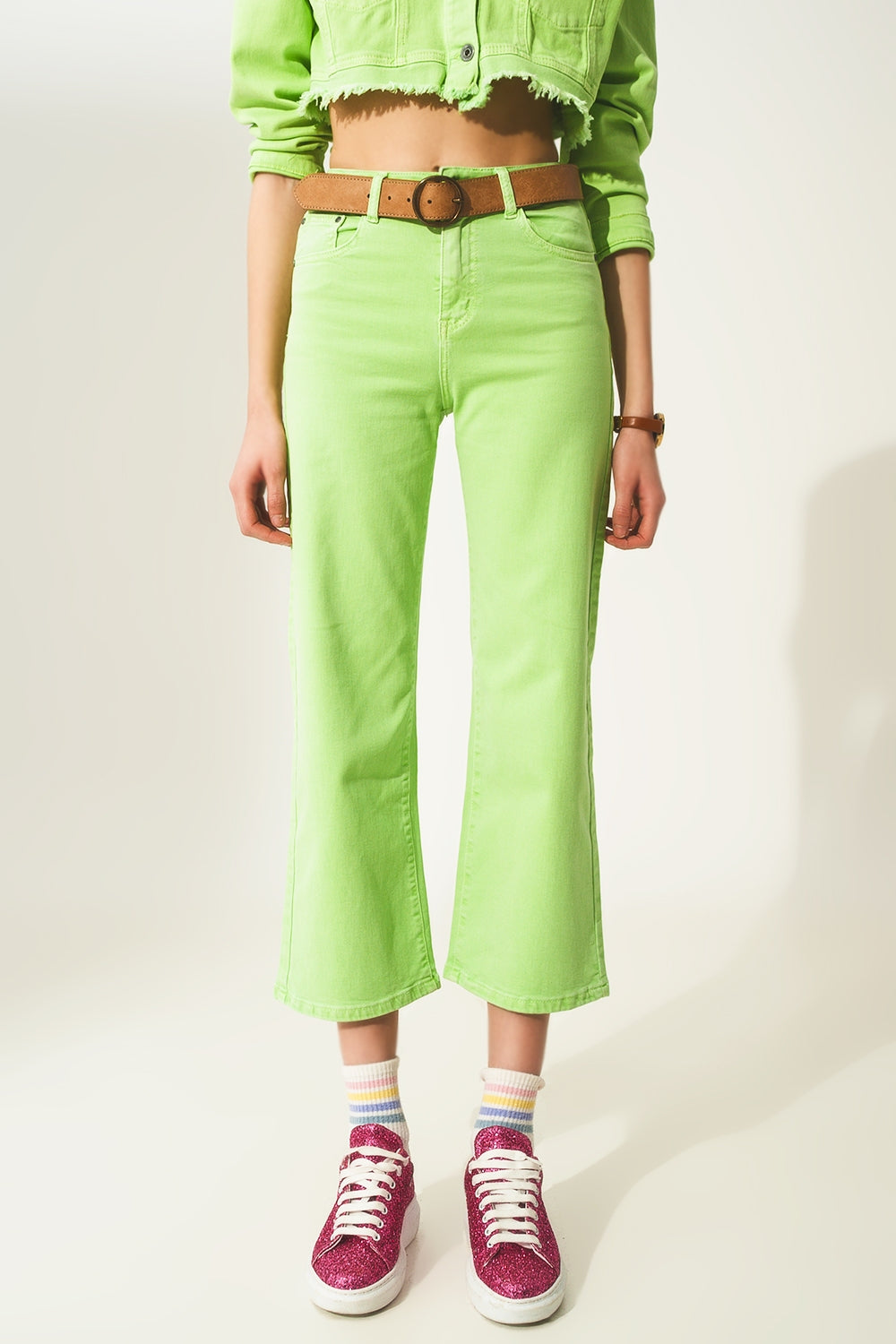 Cropped wide leg jeans in acid green - Coloured Jeans