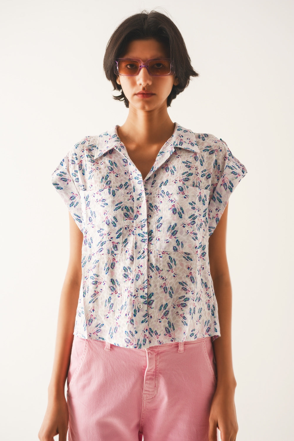 Purple blouse with pockets and floral print - Shirts