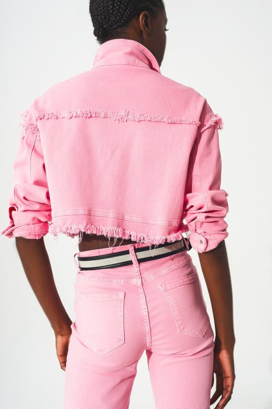 Cropped denim trucker jacket in pink - blazer