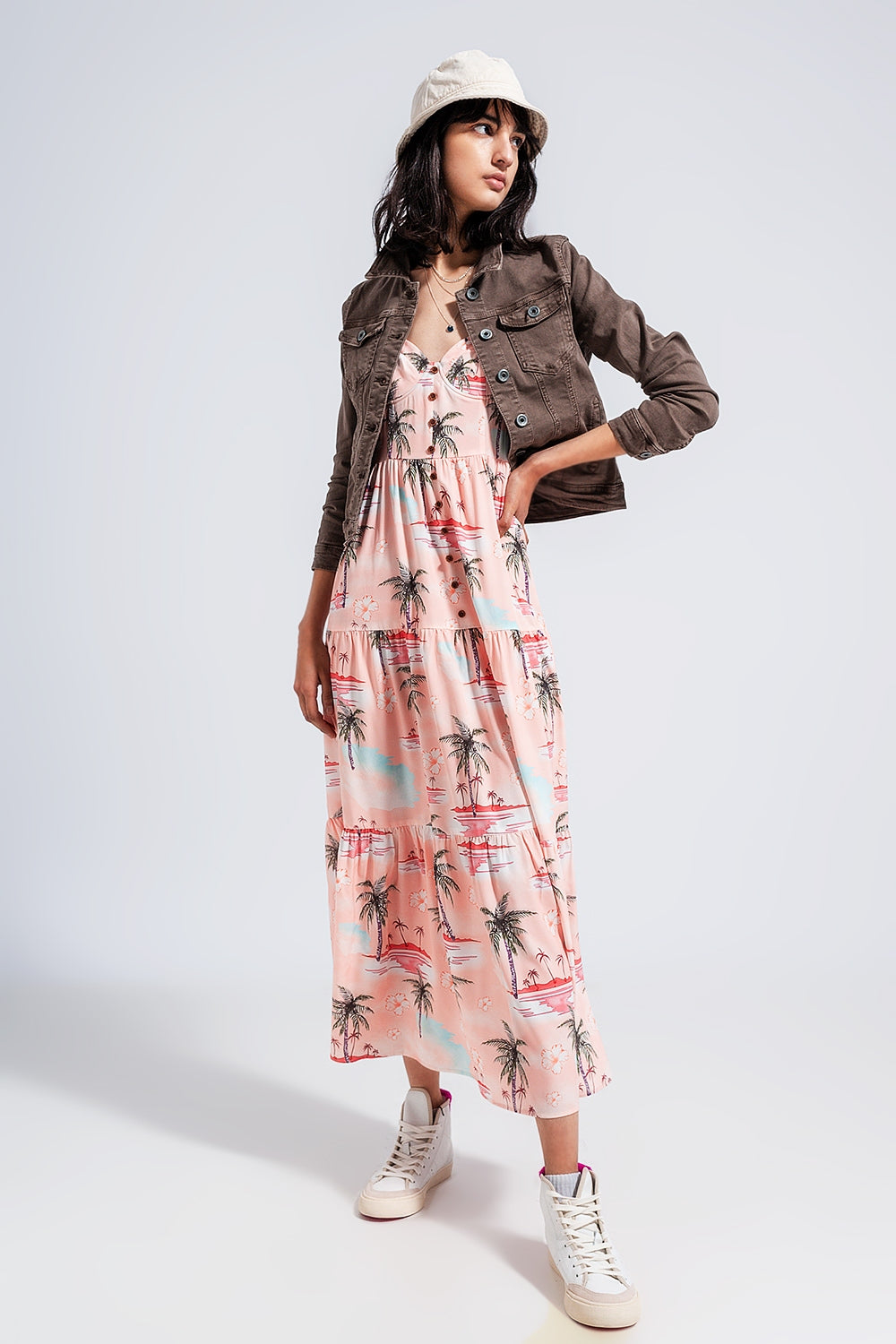 Cami maxi beach dress in natural tropical print - dress