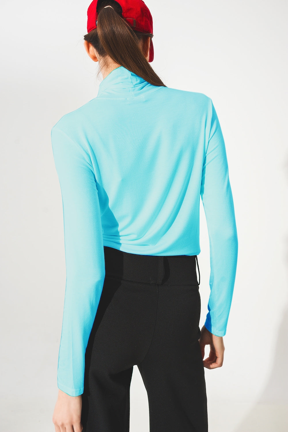 High neck long sleeve top in modal blue - top