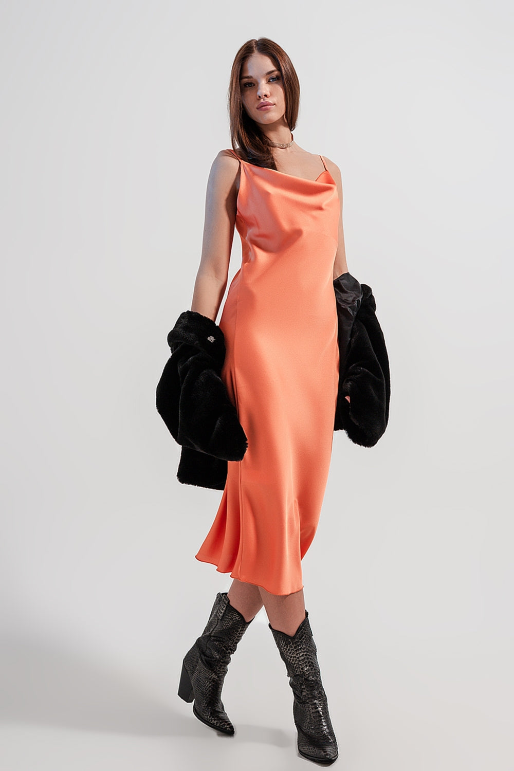 Cami midi slip dress in high shine satin in orange - dress
