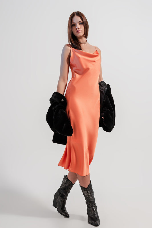 Cami midi slip dress in high shine satin in orange - dress