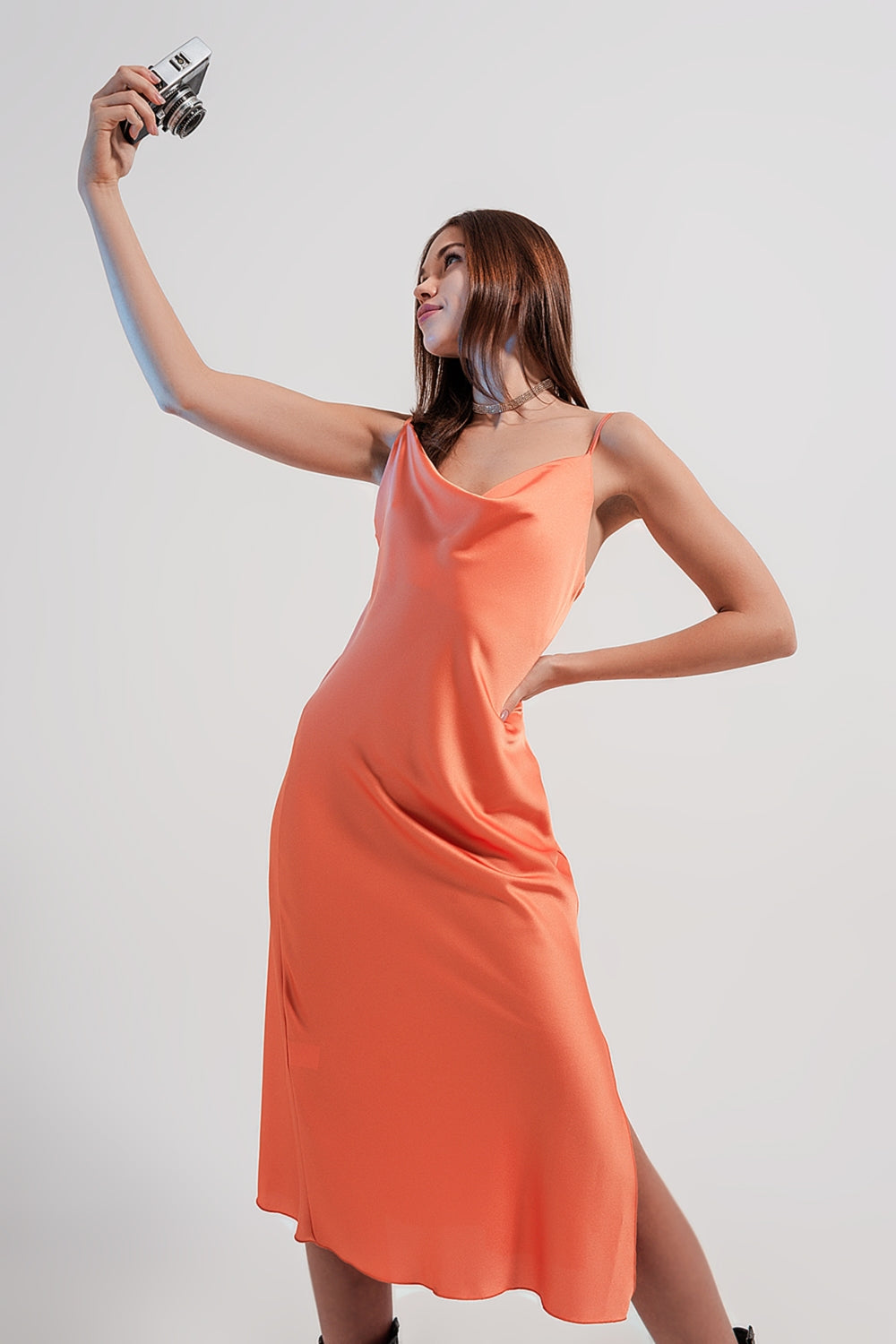 Cami midi slip dress in high shine satin in orange - dress