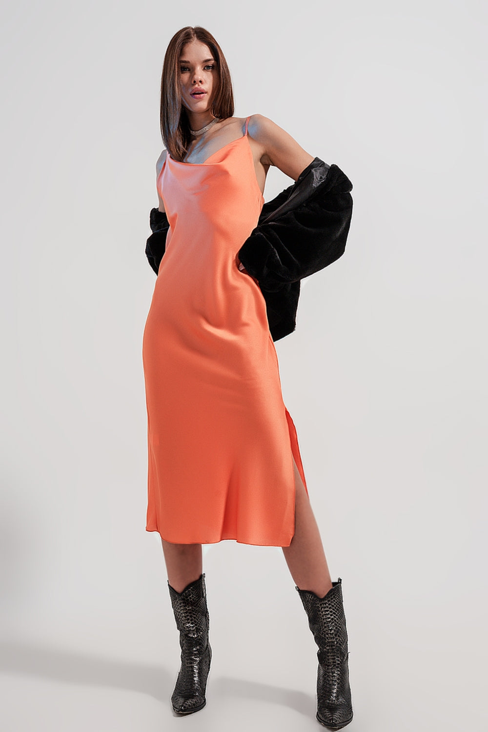 Cami midi slip dress in high shine satin in orange - dress
