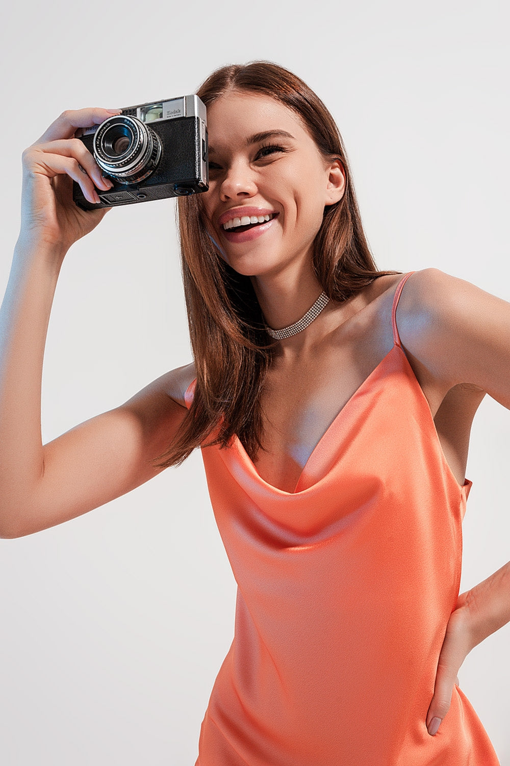 Cami midi slip dress in high shine satin in orange - dress
