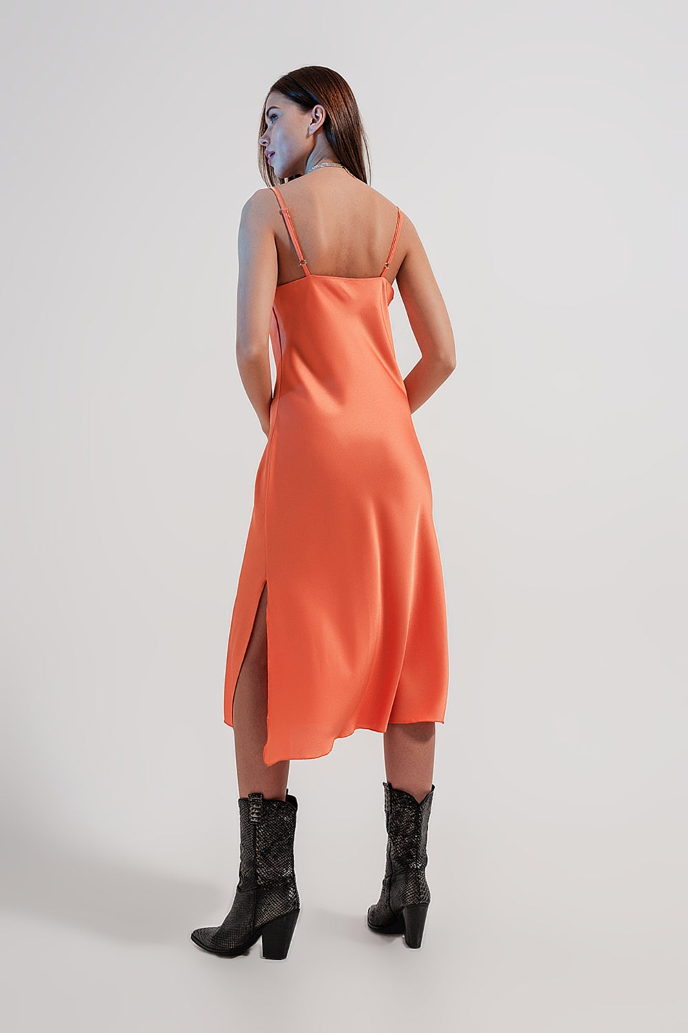 Cami midi slip dress in high shine satin in orange - dress