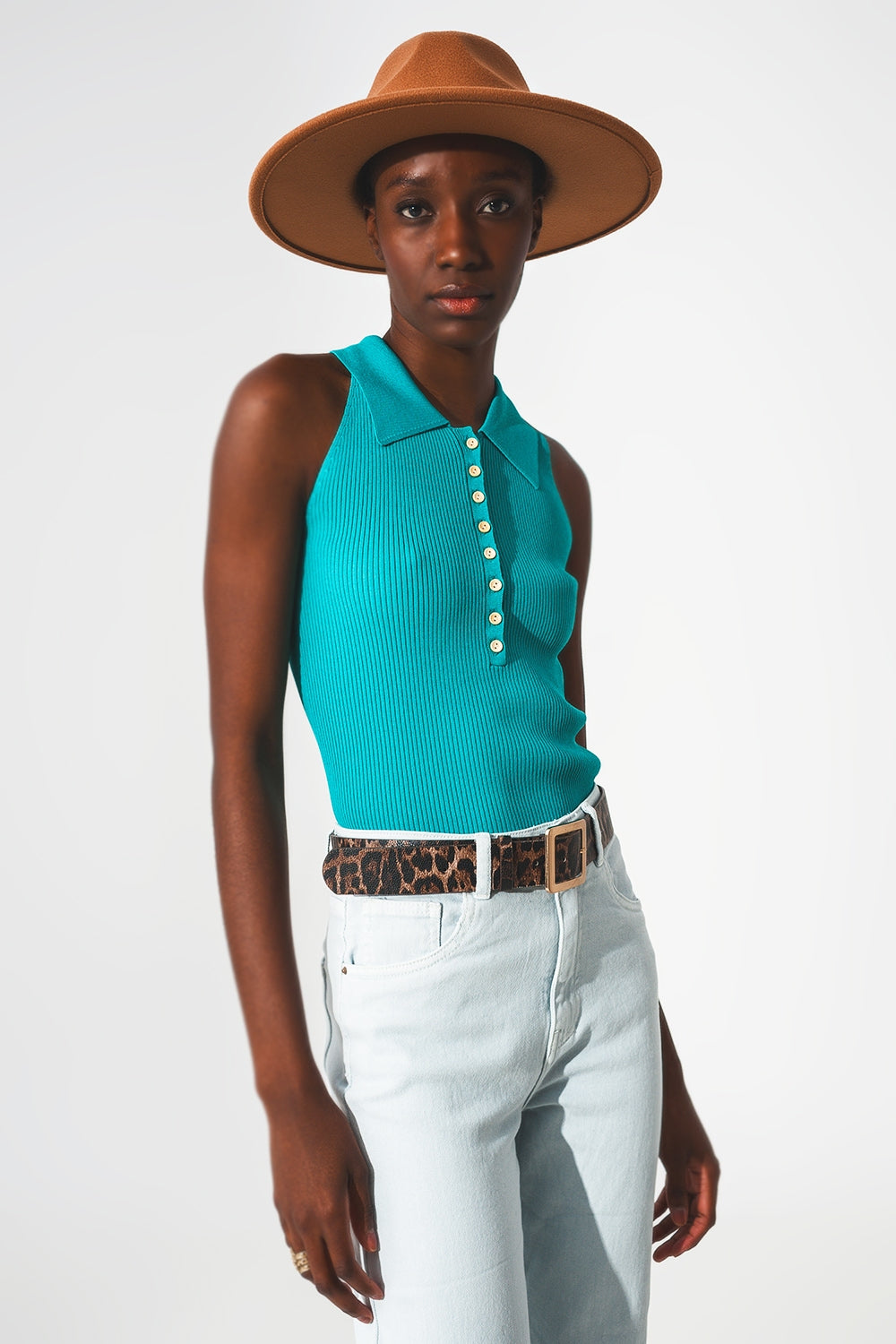Ribbed knitted top with polo neck in turquoise