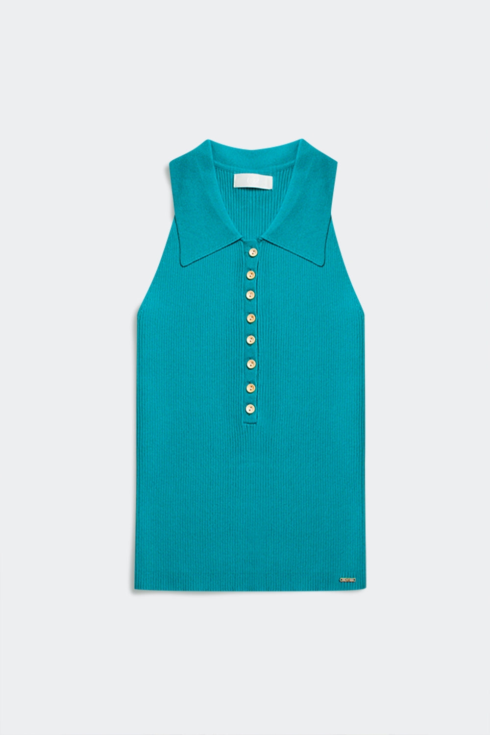 Ribbed knitted top with polo neck in turquoise