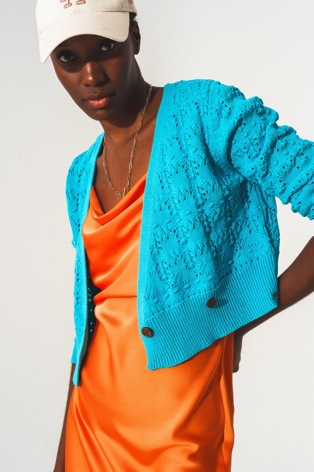 Pointelle knitted cardi in blue