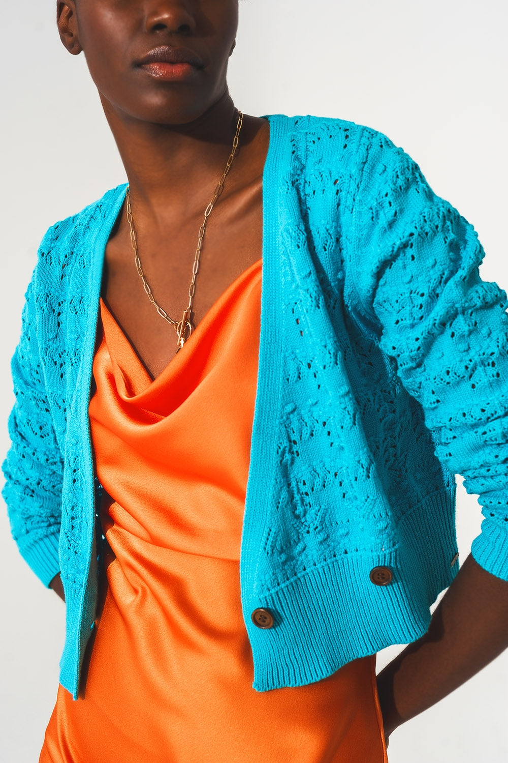 Pointelle knitted cardi in blue