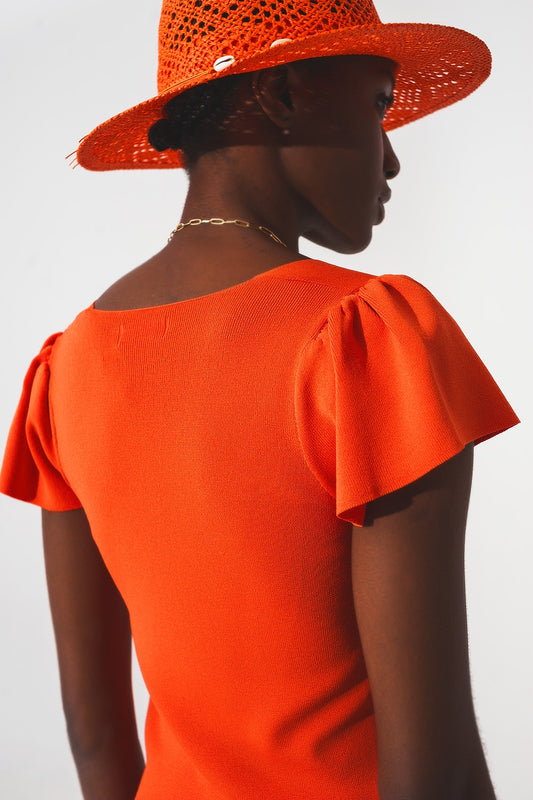 square neck puff sleeve sweater in orange - jumper