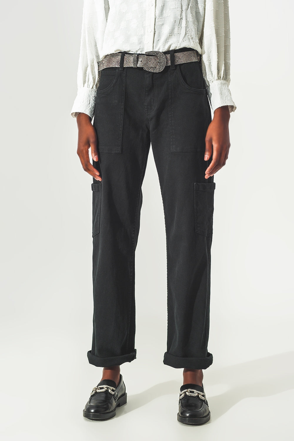 Straight Leg Cargo Pants in Black - Coloured Jeans