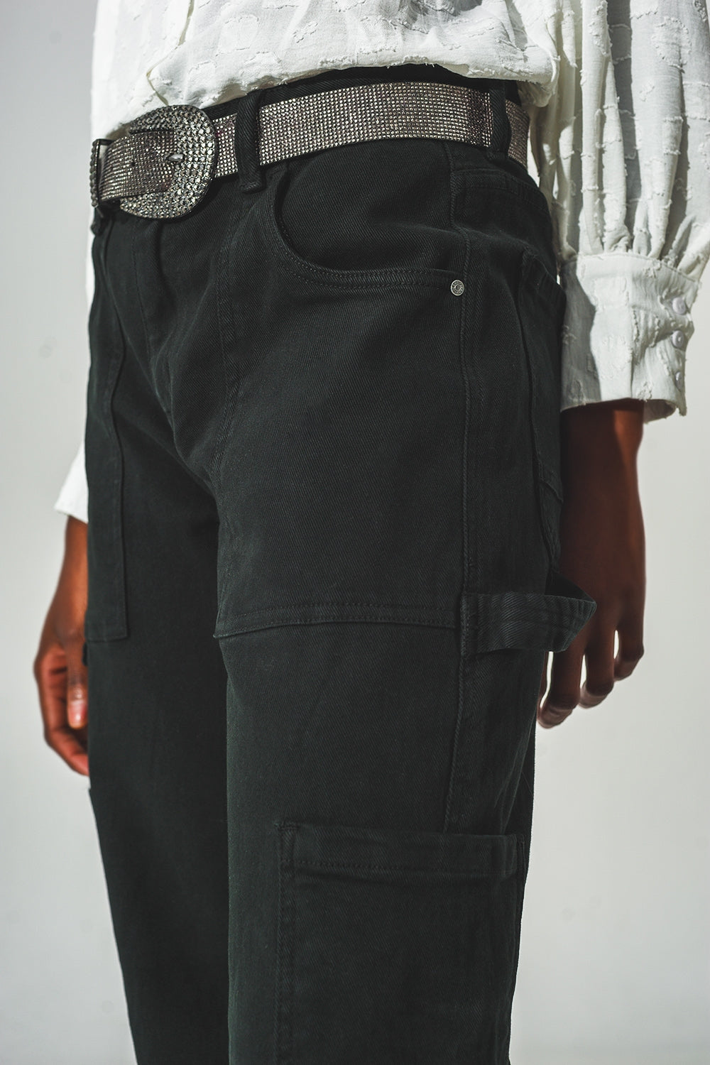 Straight Leg Cargo Pants in Black - Coloured Jeans
