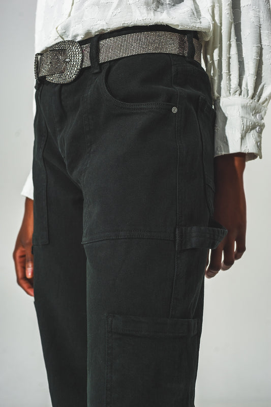 Straight Leg Cargo Pants in Black - Coloured Jeans