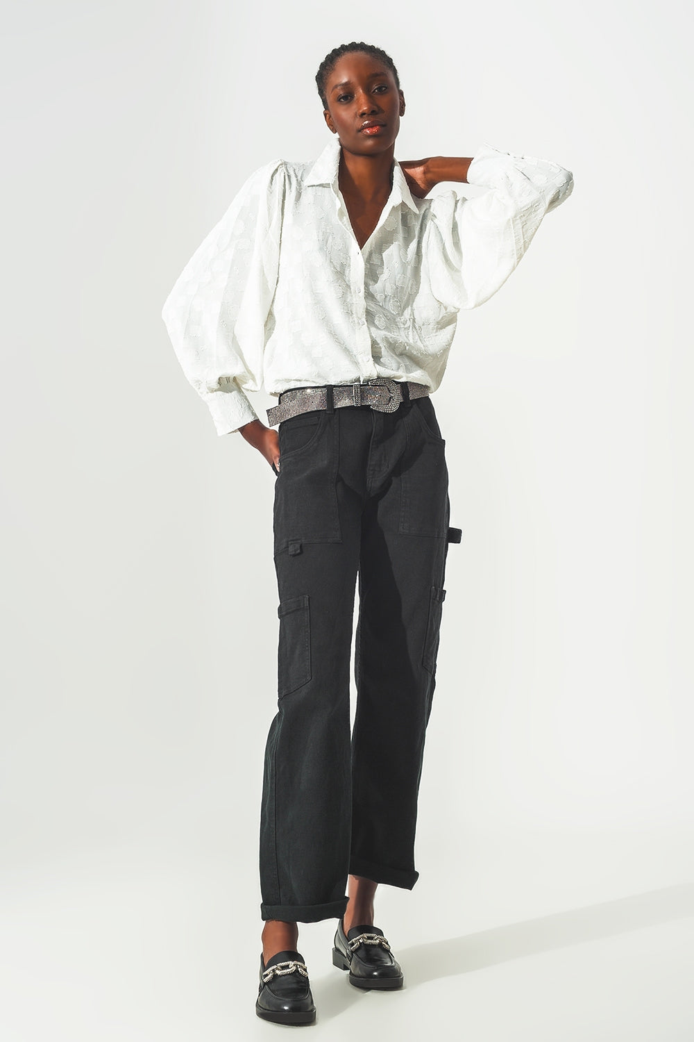 Straight Leg Cargo Pants in Black - Coloured Jeans