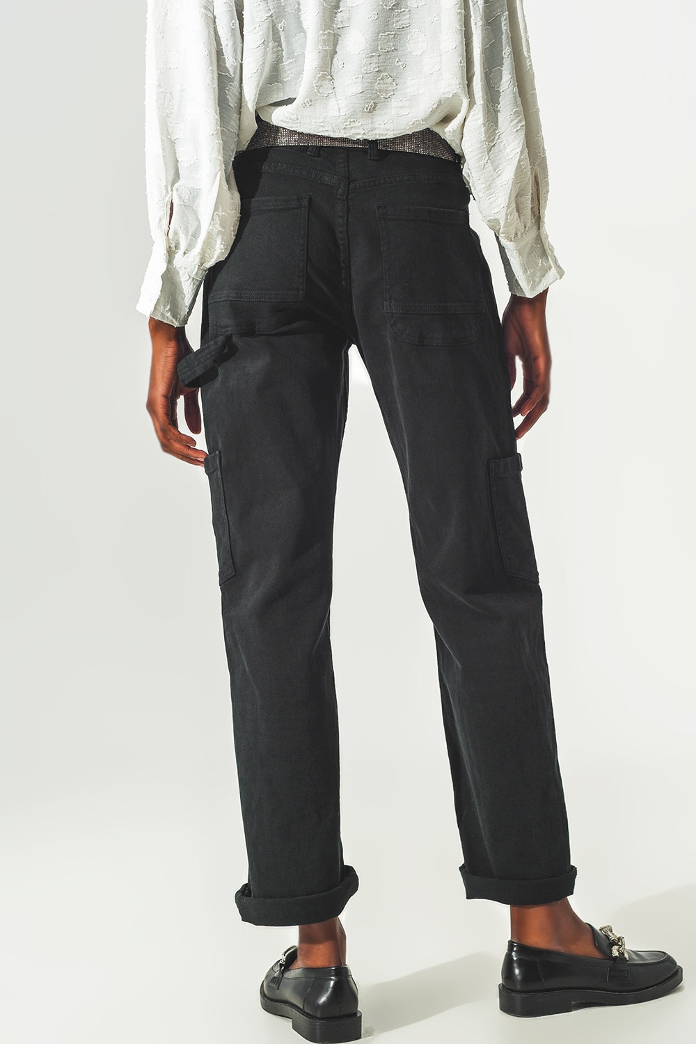 Straight Leg Cargo Pants in Black - Coloured Jeans