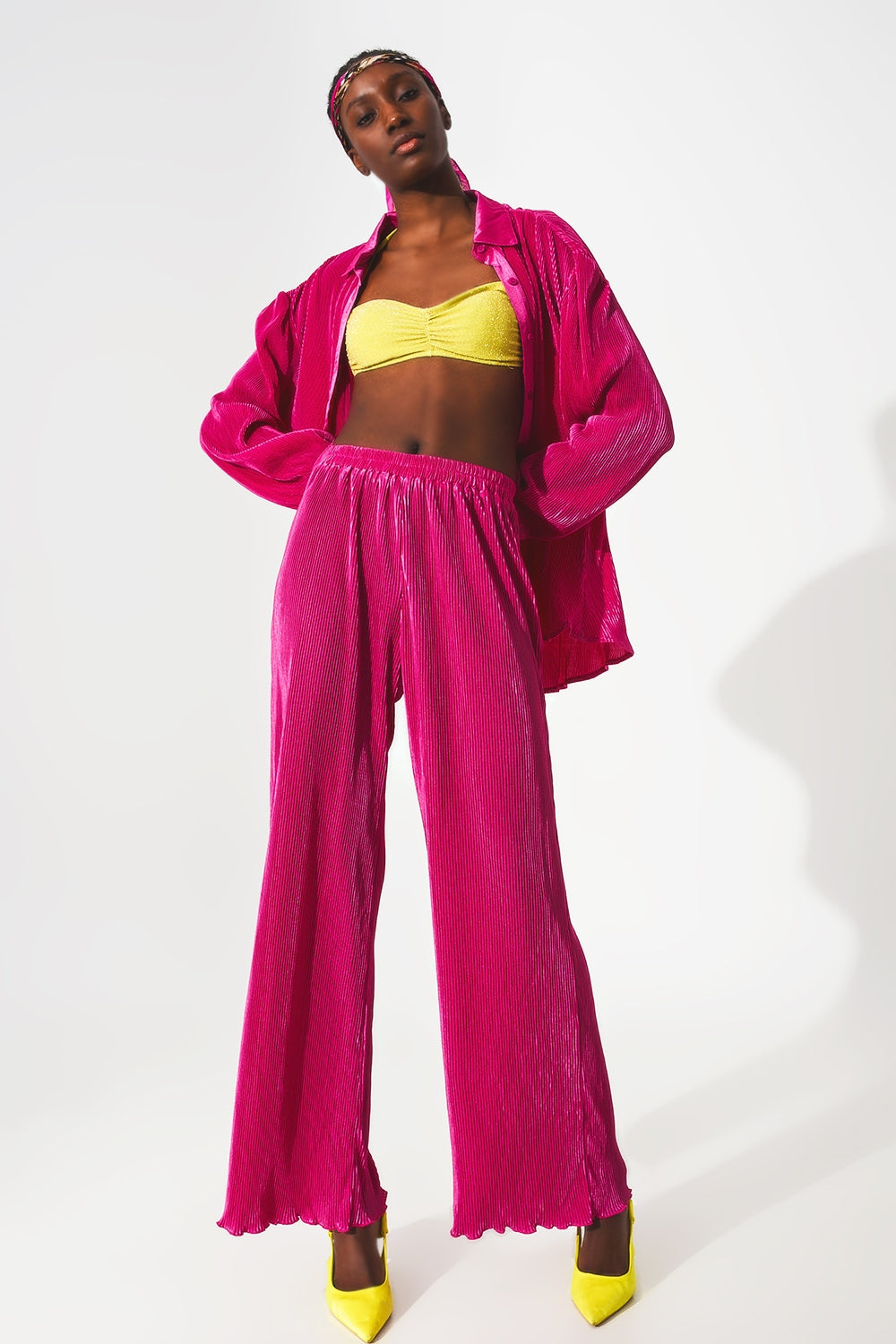 Satin pleated wide leg pants in fuchsia - trousers