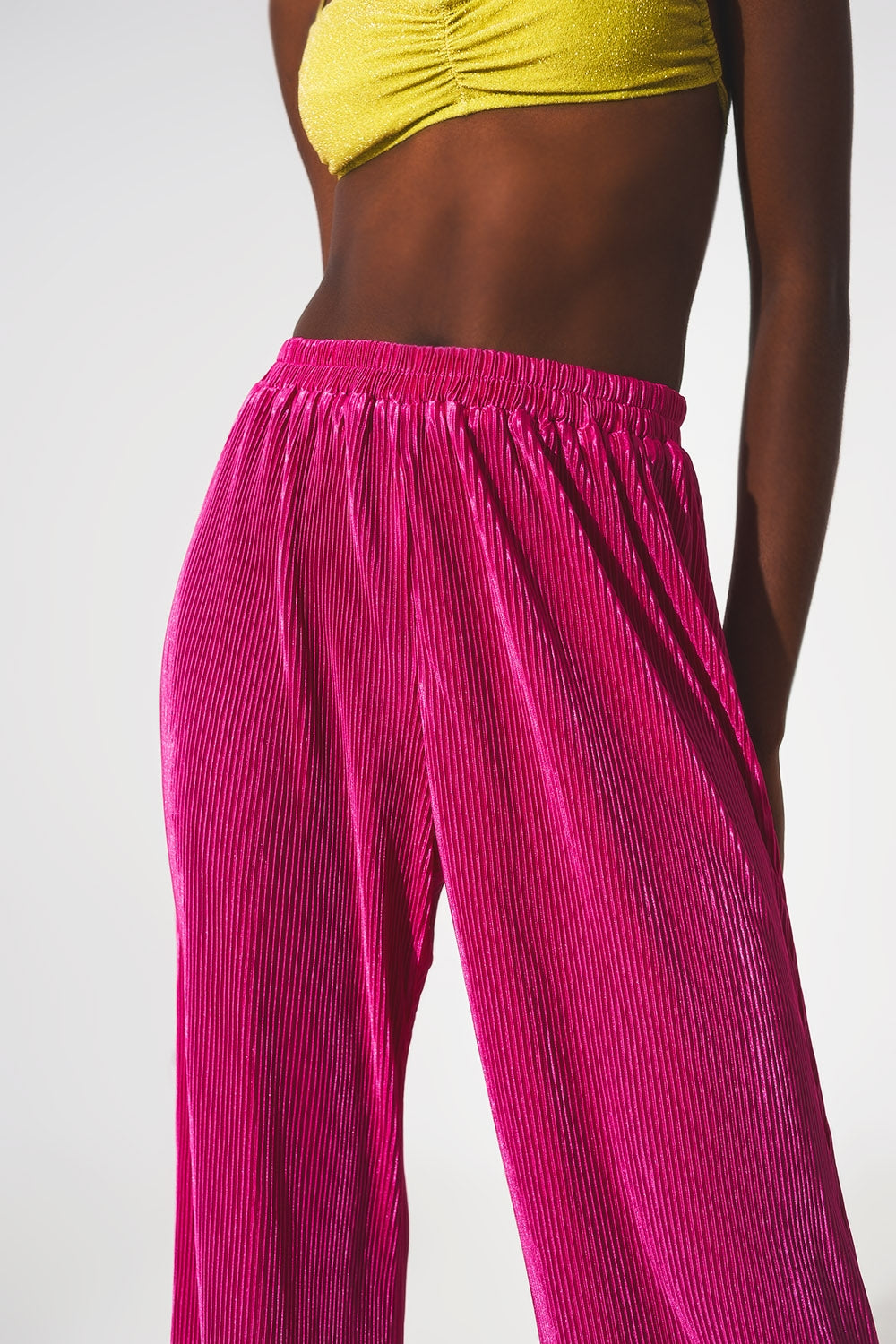 Satin pleated wide leg pants in fuchsia - trousers
