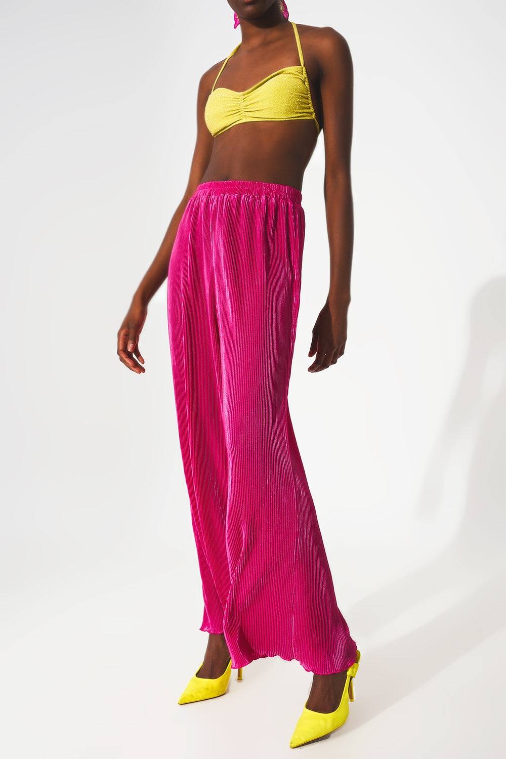 Satin pleated wide leg pants in fuchsia - trousers