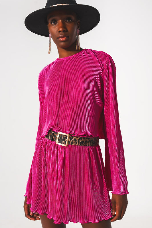 Pleated round neck crop top in fuchsia