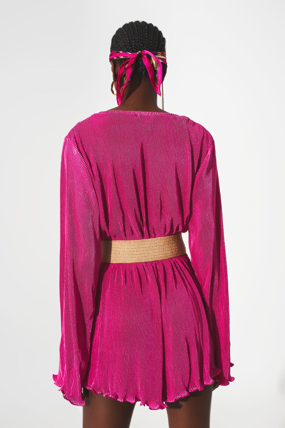 Satin wrap deatil pleated short jumpsuit in fuchsia