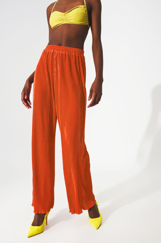 Satin pleated wide leg pants in orange - trousers