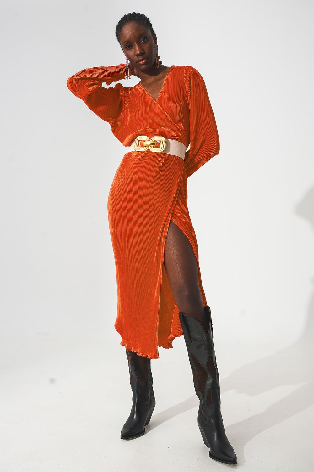 Satin wrap deatil pleated dress in orange - dress