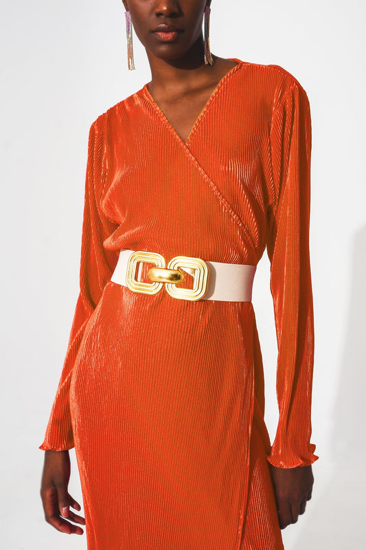 Satin wrap deatil pleated dress in orange - dress