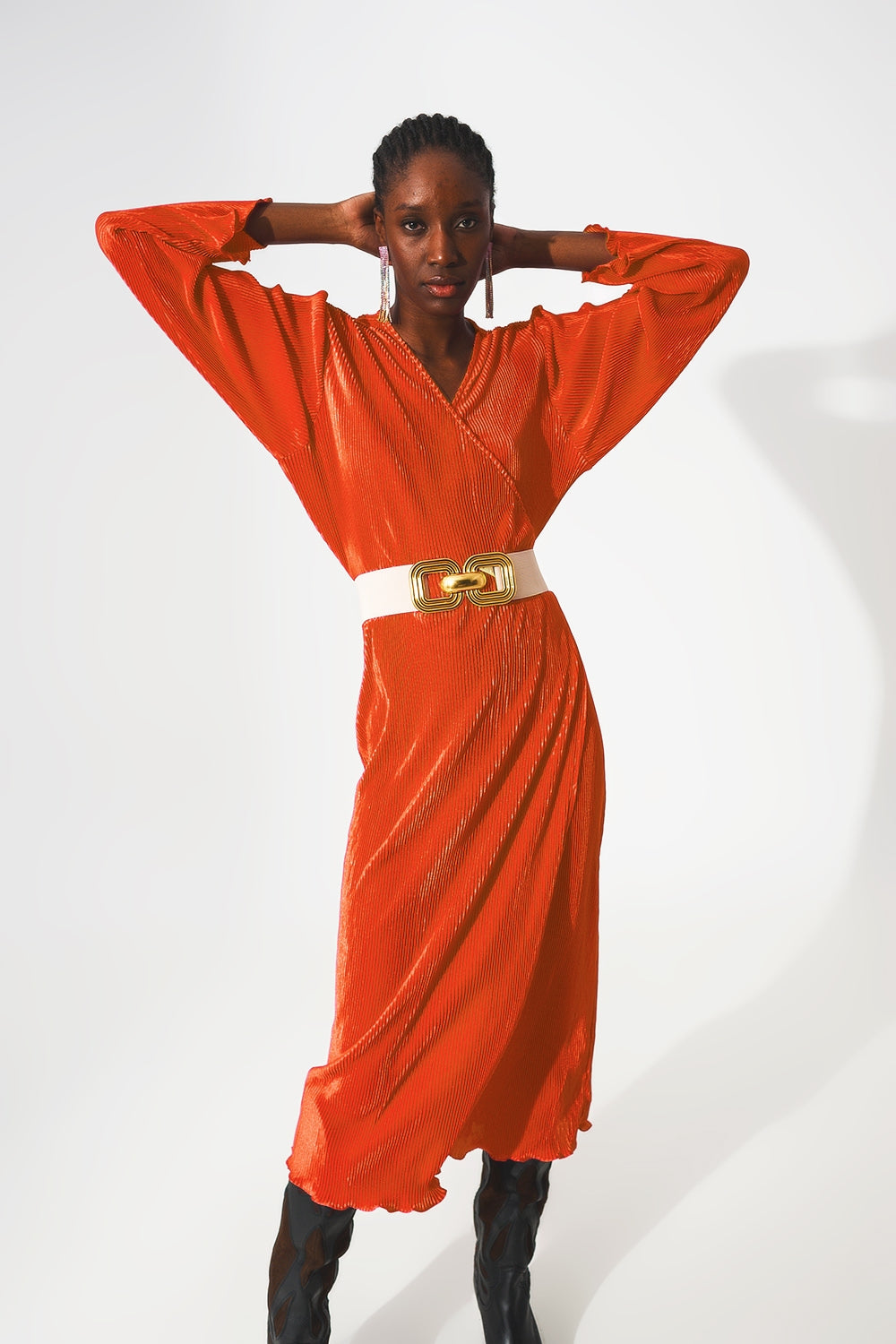 Satin wrap deatil pleated dress in orange - dress