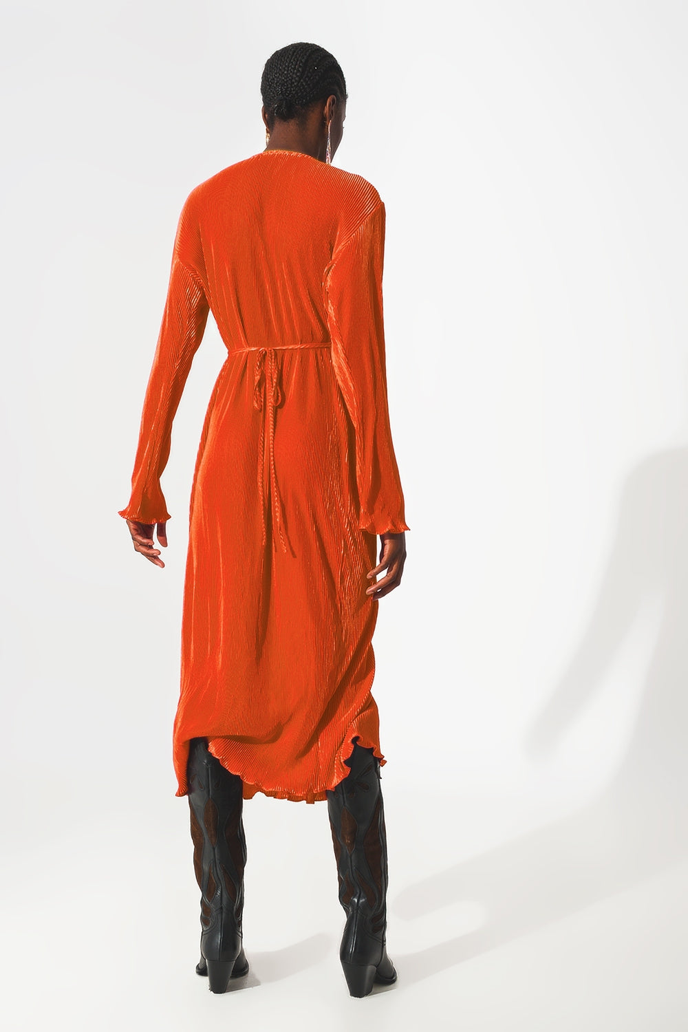 Satin wrap deatil pleated dress in orange - dress