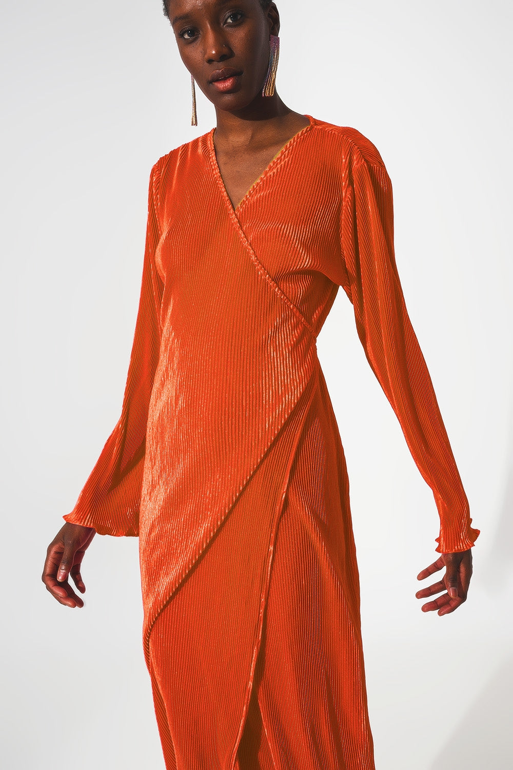 Satin wrap deatil pleated dress in orange - dress
