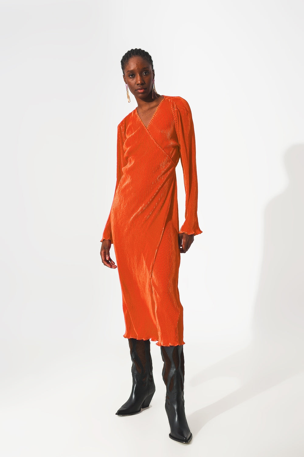 Satin wrap deatil pleated dress in orange - dress