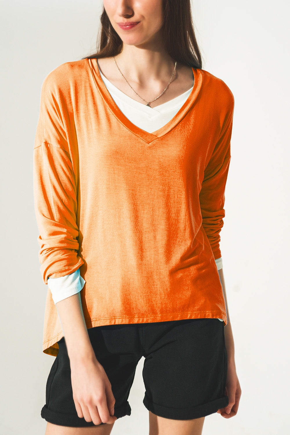 Long sleeve v neck top in modal in Orange - top