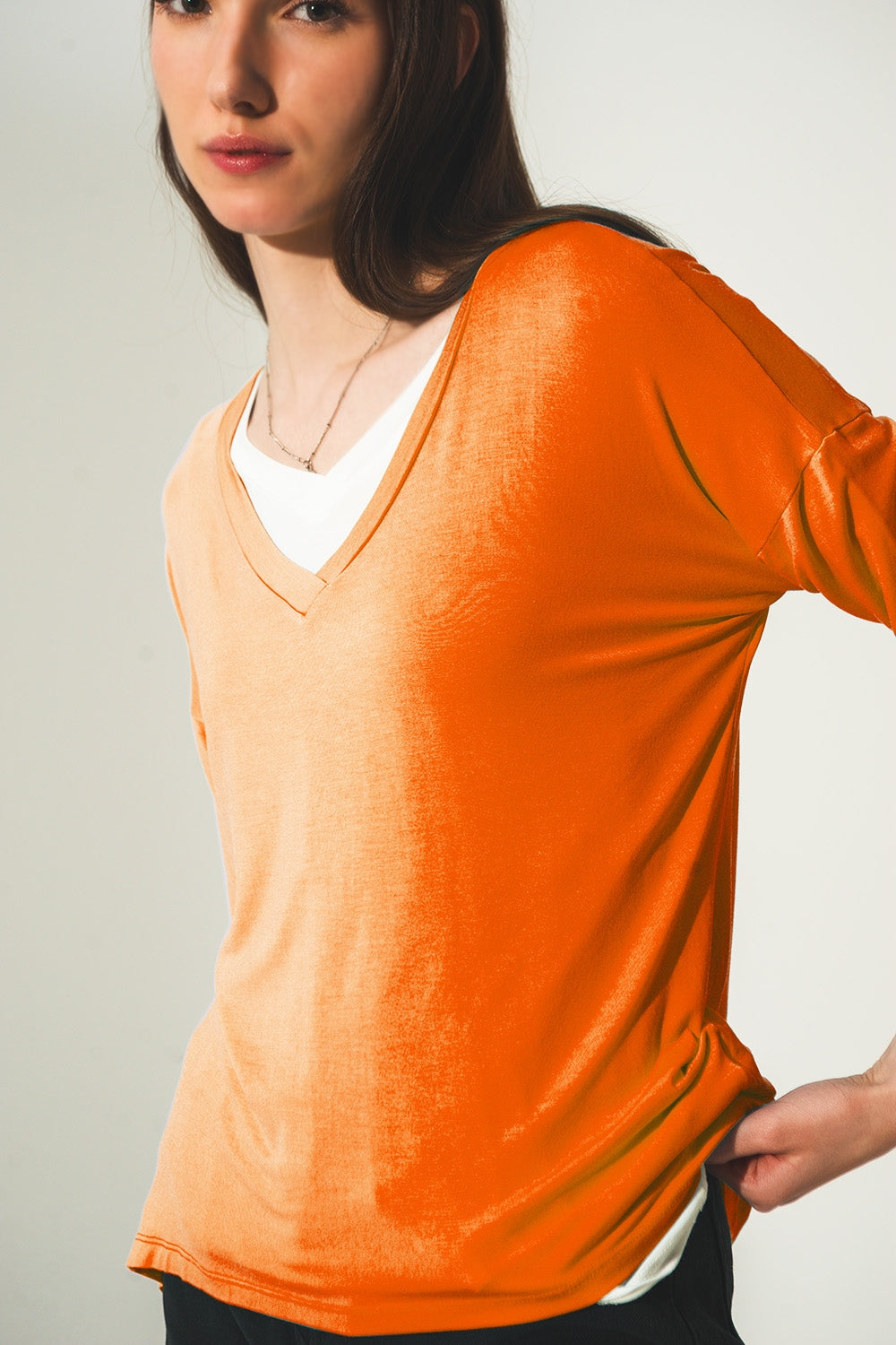 Long sleeve v neck top in modal in Orange - top