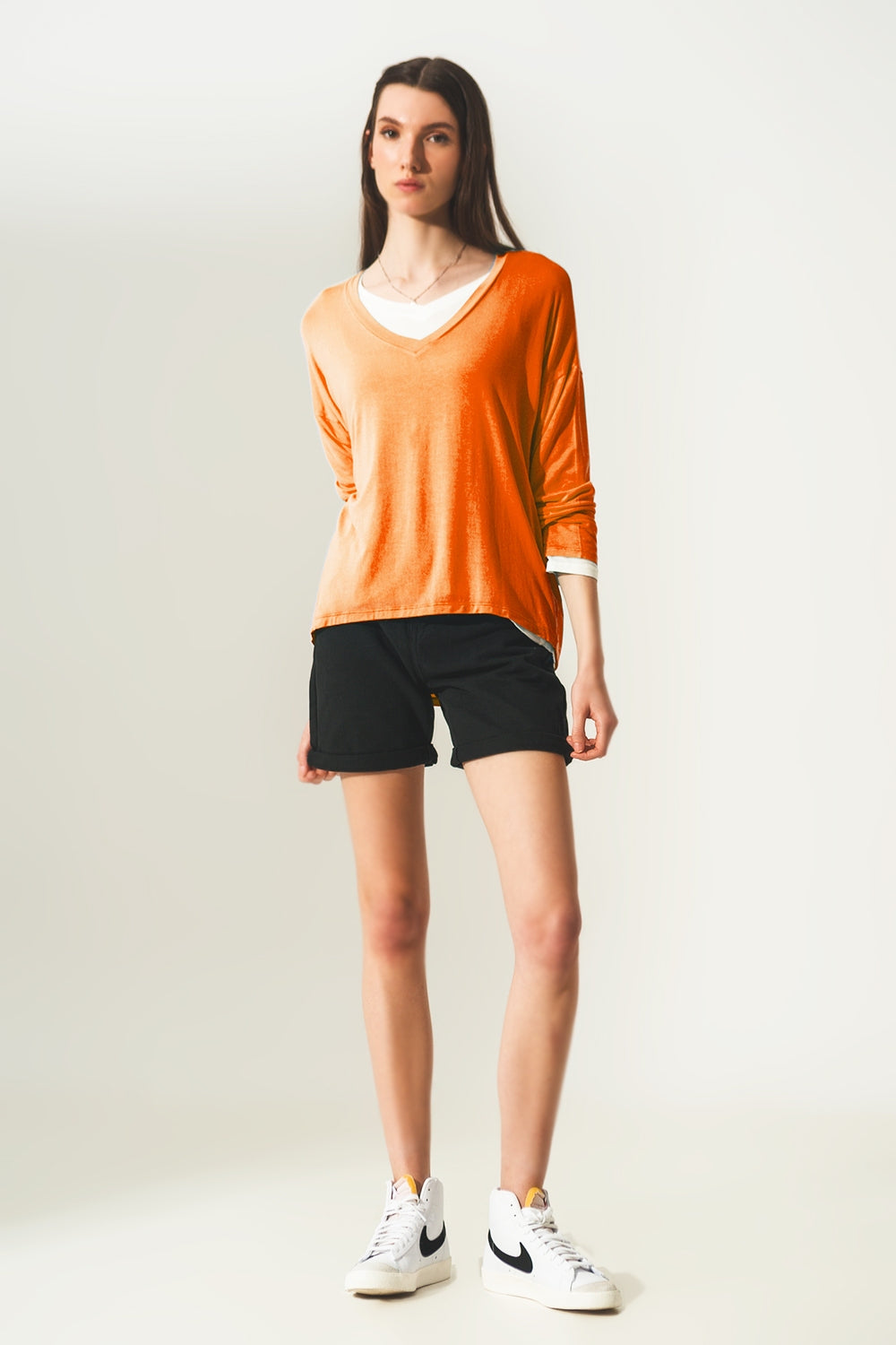 Long sleeve v neck top in modal in Orange - top