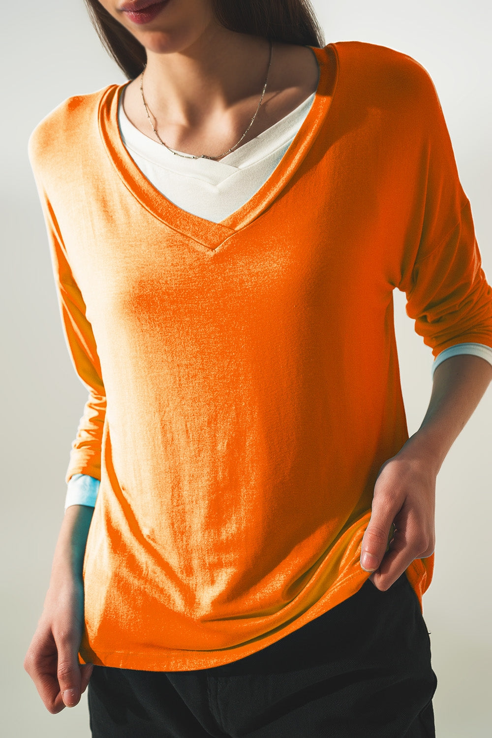 Long sleeve v neck top in modal in Orange - top