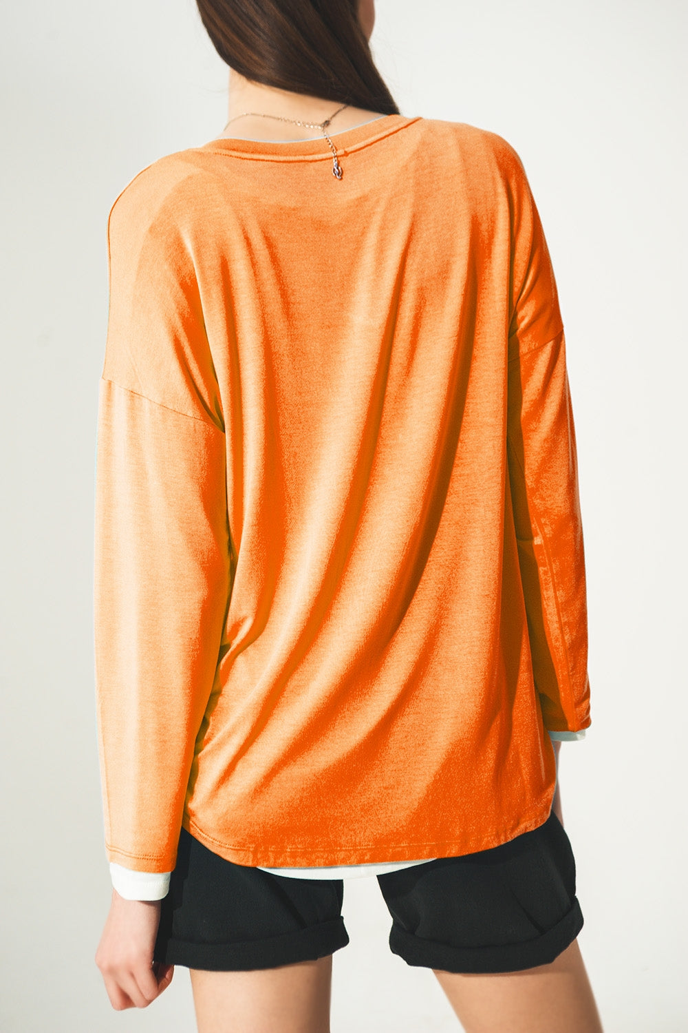 Long sleeve v neck top in modal in Orange - top