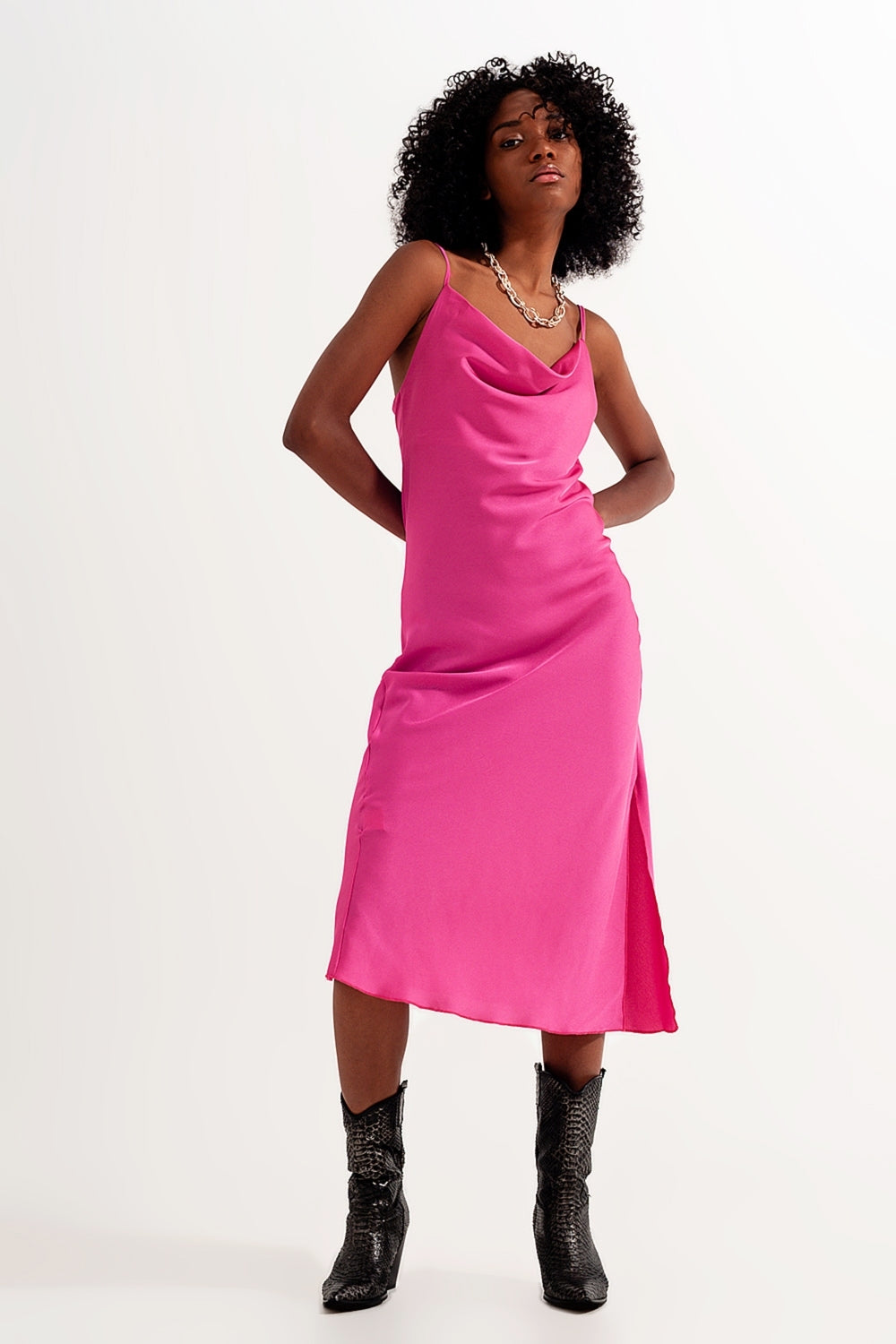 Cami midi slip dress in high shine satin in fuchsia - dress