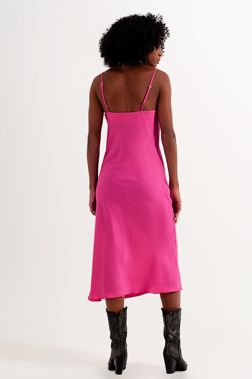 Cami midi slip dress in high shine satin in fuchsia - dress
