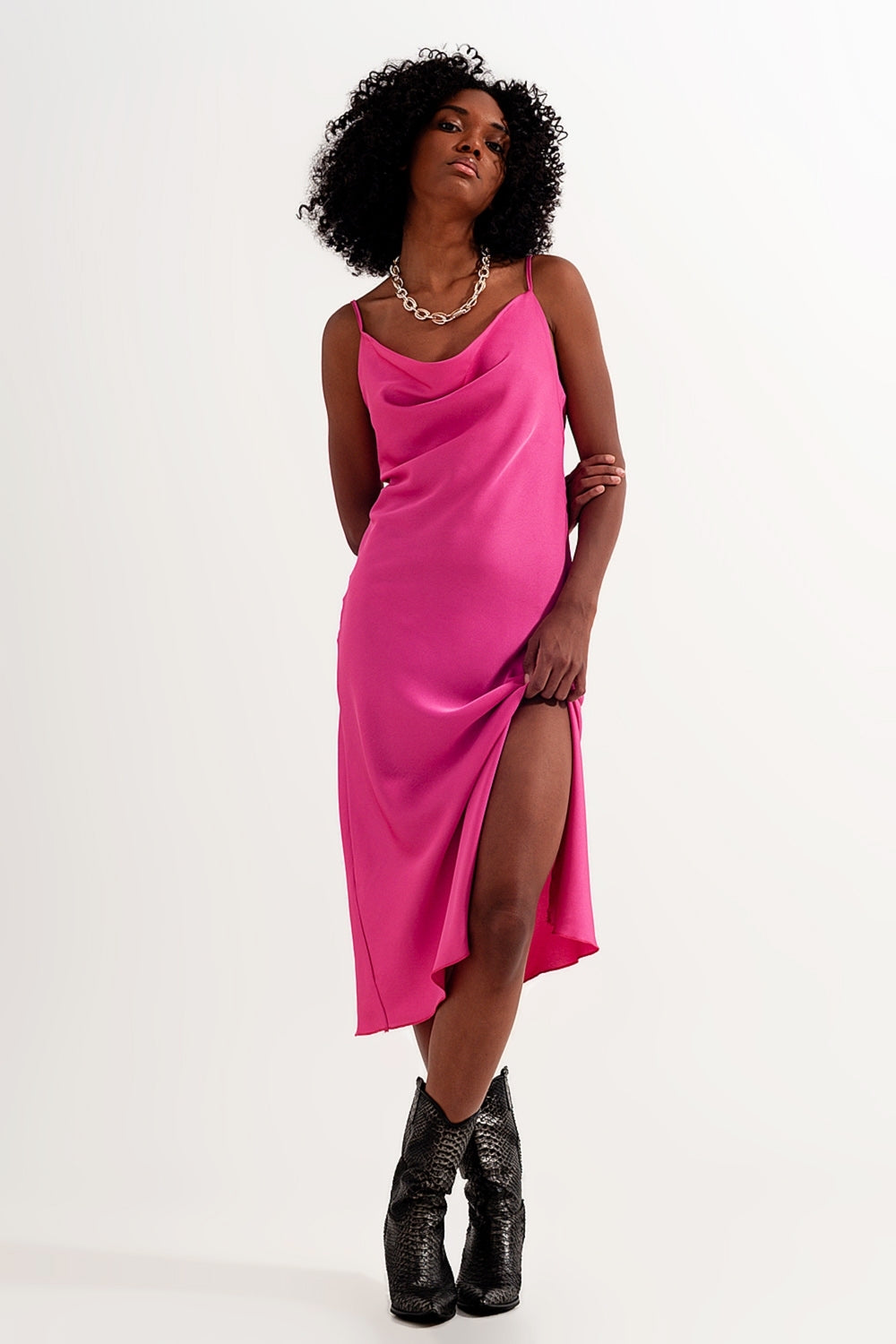 Cami midi slip dress in high shine satin in fuchsia - dress