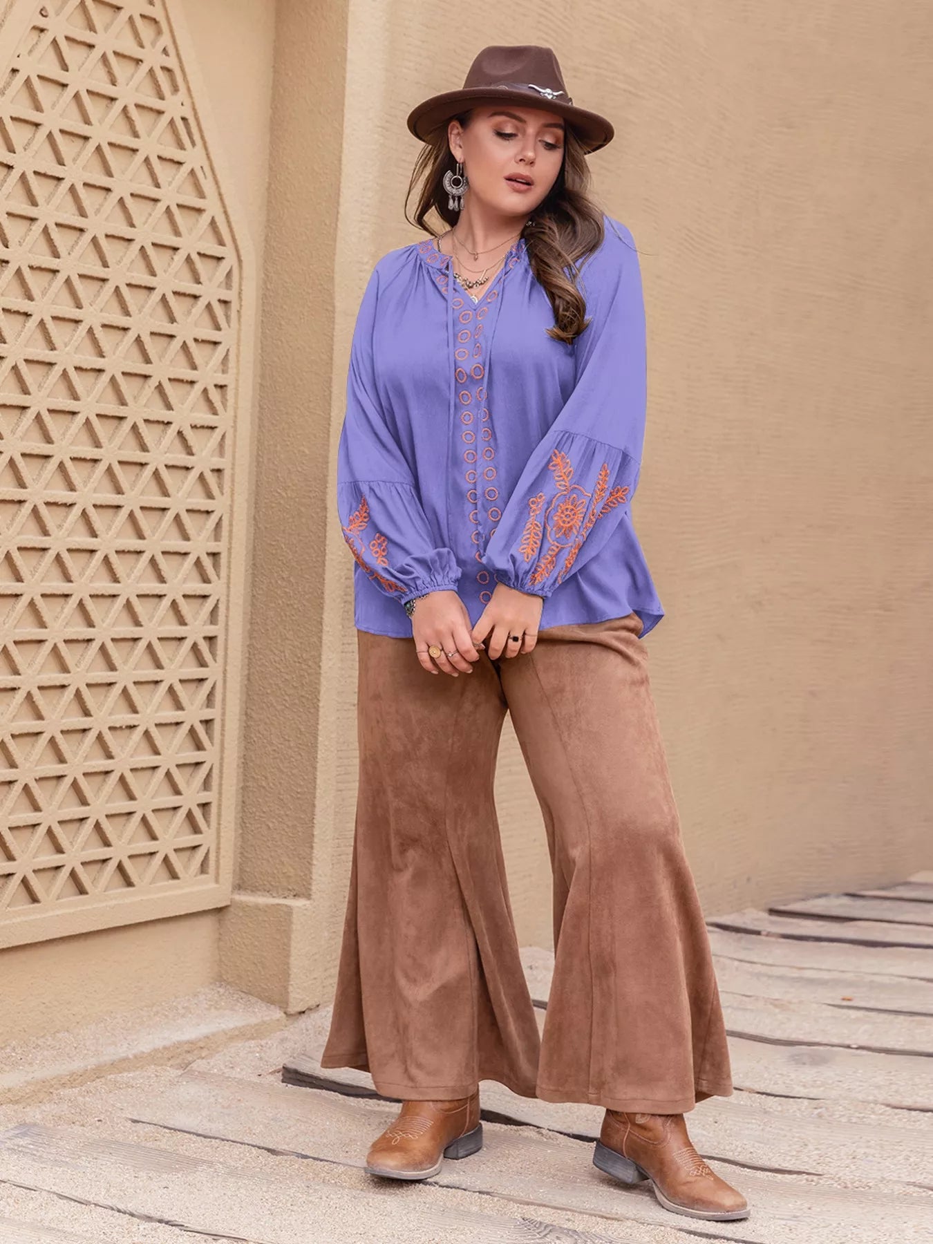 Plus Size Boho Embroidered Long Sleeve Blouse - Blouses