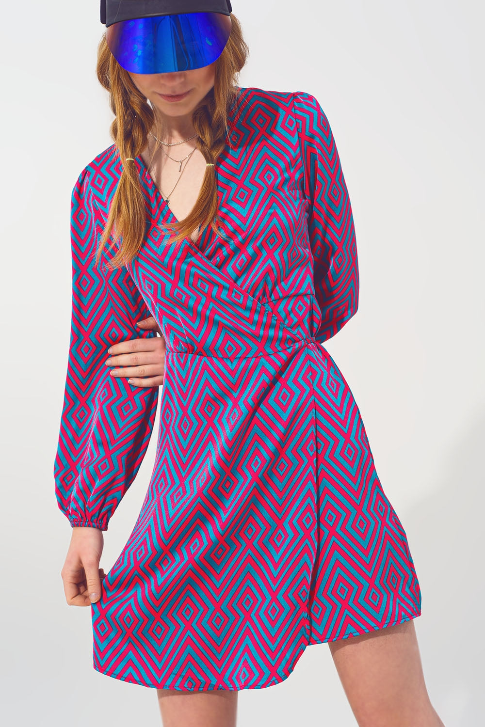 Mini V Neck Wrap Dress with Geometric Print - dress