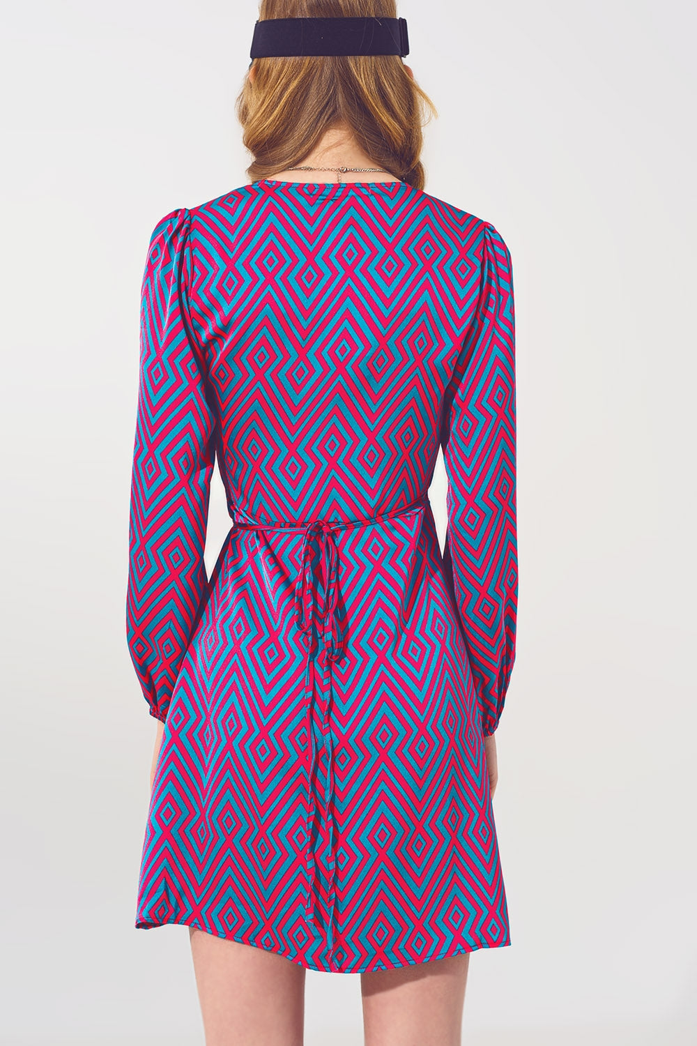 Mini V Neck Wrap Dress with Geometric Print - dress