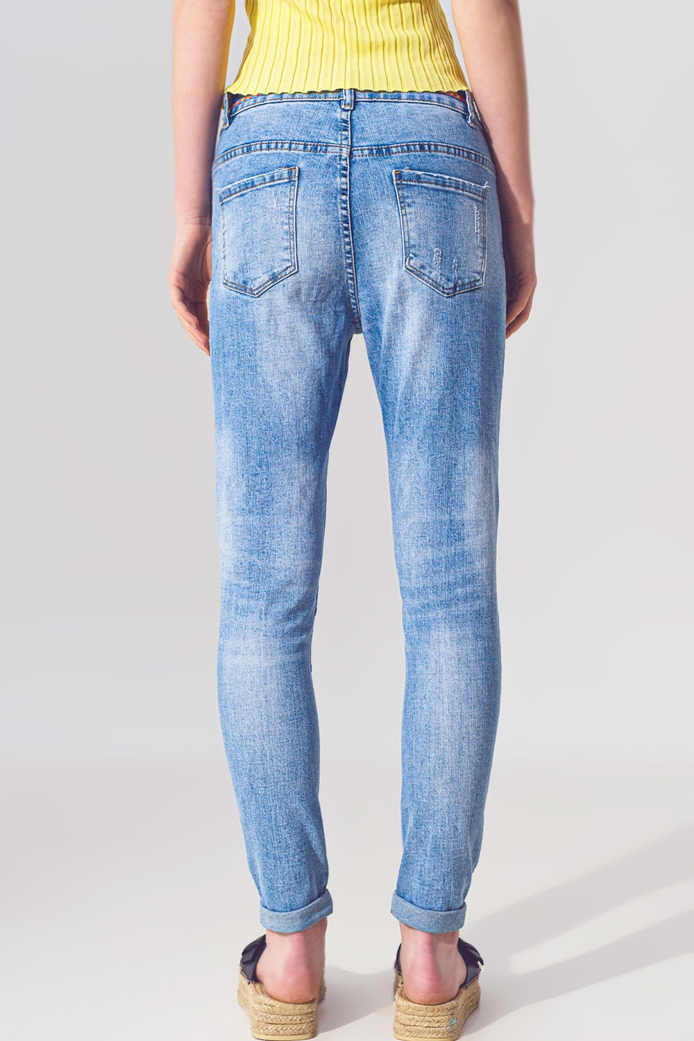 Stretch Skinny Jeans with Patches in Mid Wash and Belt Detail - Denim