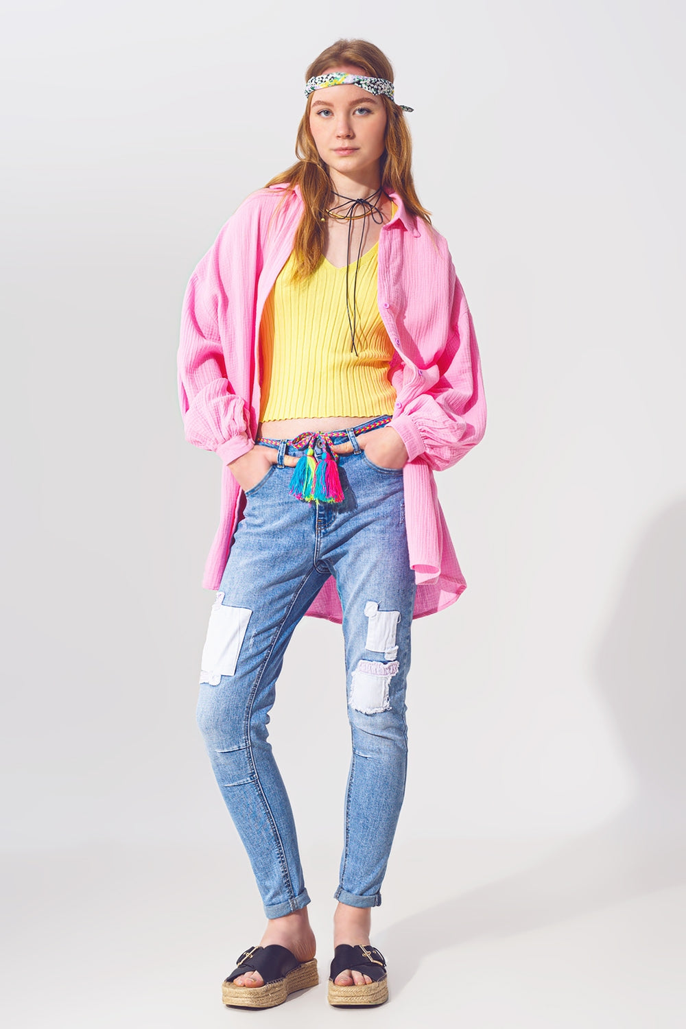 Stretch Skinny Jeans with Patches in Mid Wash and Belt Detail - Denim